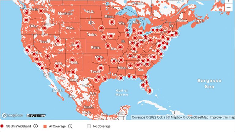 Verizon Coverage Map Screenshot in March 2022